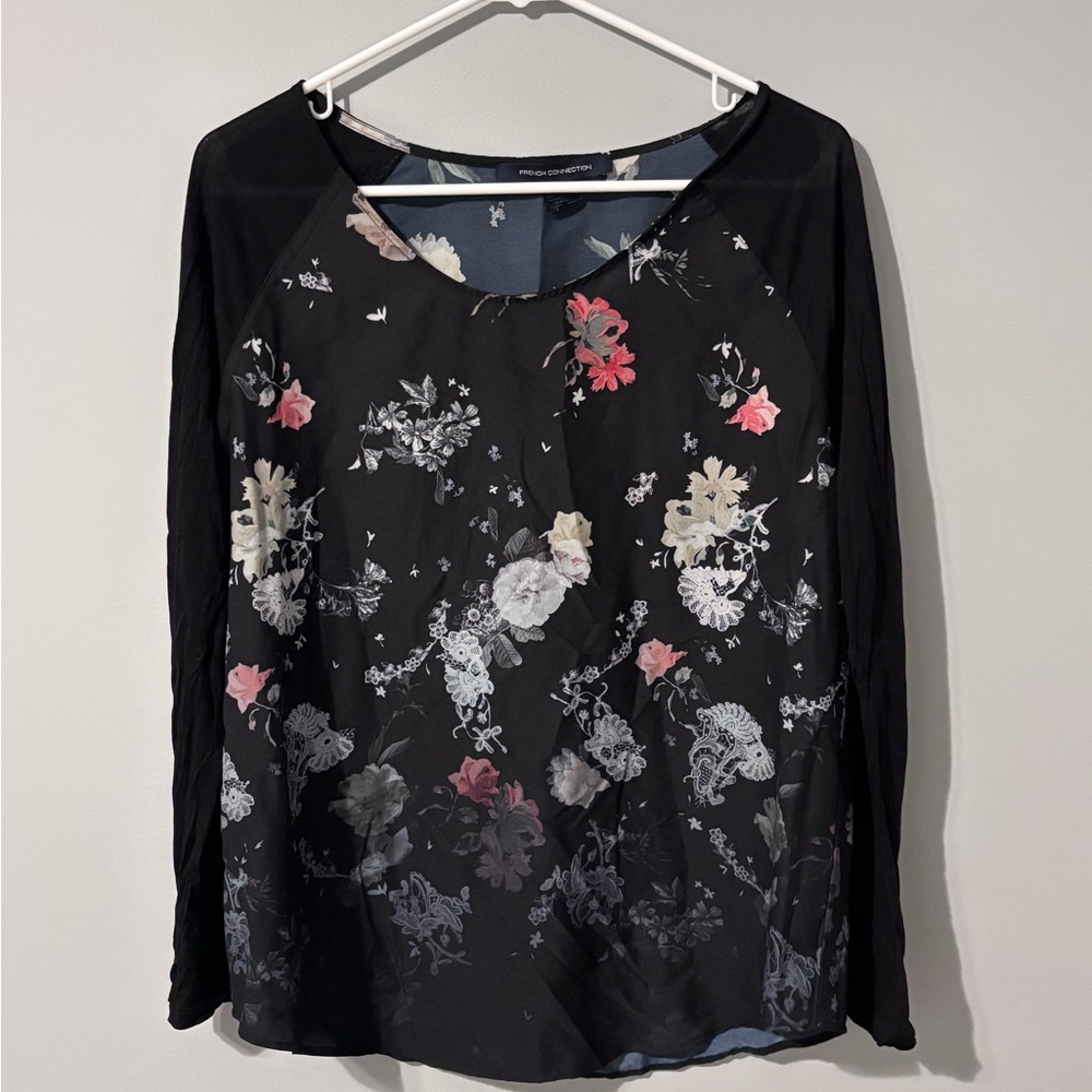 French Connection Black and White Long Sleeve Blouse